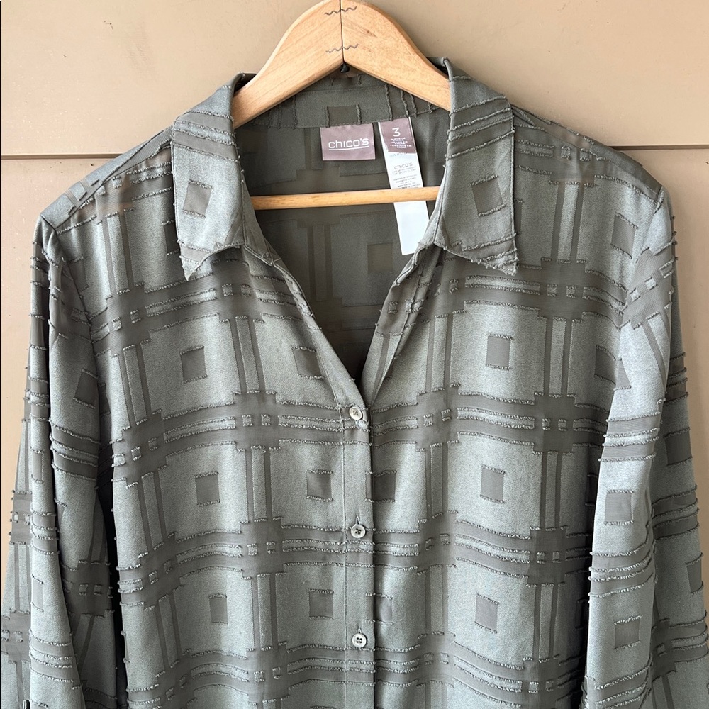 Chico’s XL Army Green Textured Geometric Semi Sheer Button Down Blouse - Picture 2 of 11